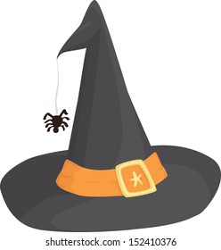 A witch hat with an orange band and a spider.