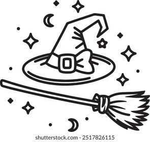 Witch Hat outline Vector illustration on white Background.
