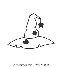 Witch Hat with Patches Doodle Line Icon. Hand drawn witchcraft head accessory decorated with star. Isolated vector illustration.