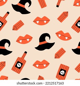 Witch hat, poison bottle, vampire lips and red crystals hand drawn vector illustration. Spooky seamless pattern for halloween decoration, fabric or wallpaper.