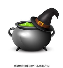 Witch hat, pot of boiling potion on white background