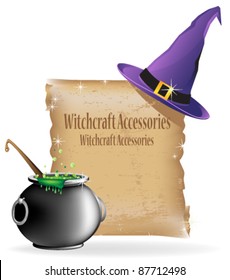 Witch hat, pot of boiling potion, and the ancient scroll on white background