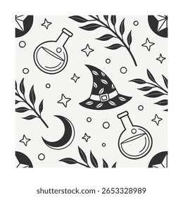 Witch hat potion bottle star moon leaf Pattern on cream vector