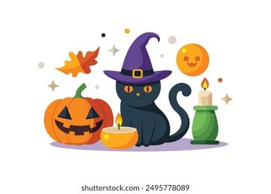 Witch Hat Pumpkin Cat Candle Happy Halloween Vector Illustration.