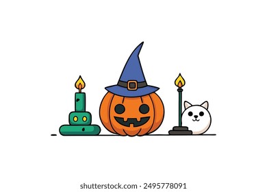 Witch Hat Pumpkin Cat Candle Happy Halloween Vector Illustration.