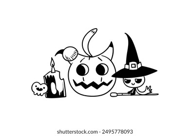 Witch Hat Pumpkin Cat Candle Happy Halloween Vector Illustration.