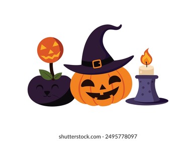 Witch Hat Pumpkin Cat Candle Happy Halloween Vector Illustration.