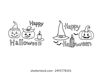 Witch Hat Pumpkin Cat Candle Happy Halloween Vector Illustration.