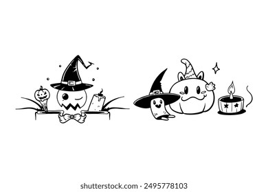 Witch Hat Pumpkin Cat Candle Happy Halloween Vector Illustration.