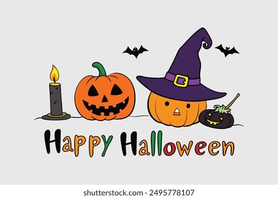 Witch Hat Pumpkin Cat Candle Happy Halloween Vector Illustration.