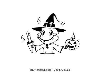 Witch Hat Pumpkin Cat Candle Happy Halloween Vector Illustration.