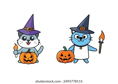 Witch Hat Pumpkin Cat Candle Happy Halloween Vector Illustration.