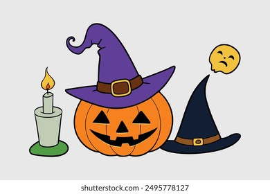 Witch Hat Pumpkin Cat Candle Happy Halloween Vector Illustration.