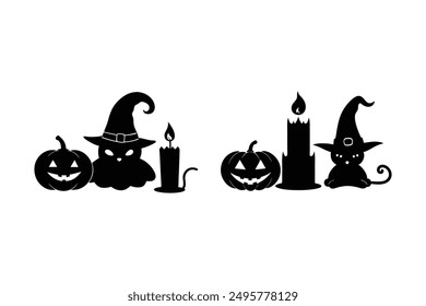 Witch Hat Pumpkin Cat Candle Happy Halloween Vector Illustration.