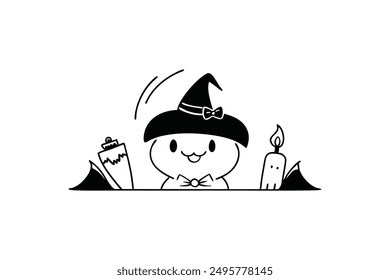 Witch Hat Pumpkin Cat Candle Happy Halloween Vector Illustration.