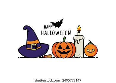 Witch Hat Pumpkin Cat Candle Happy Halloween Vector Illustration.