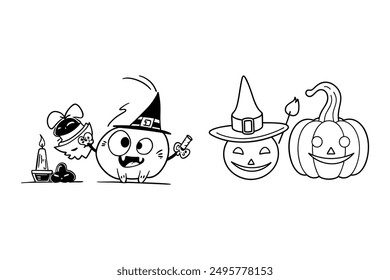 Witch Hat Pumpkin Cat Candle Happy Halloween Vector Illustration.