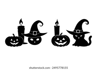 Witch Hat Pumpkin Cat Candle Happy Halloween Vector Illustration.