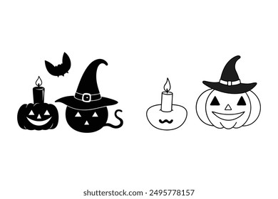 Witch Hat Pumpkin Cat Candle Happy Halloween Vector Illustration.