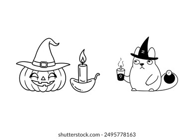 Witch Hat Pumpkin Cat Candle Happy Halloween Vector Illustration.