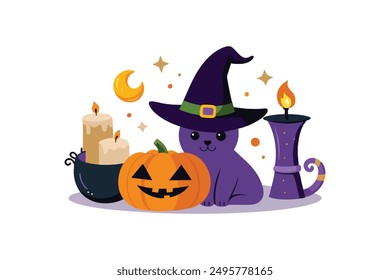 Witch Hat Pumpkin Cat Candle Happy Halloween Vector Illustration.
