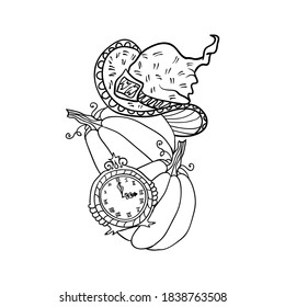 Witch hat and pumpkin flying hat and clocks, Halloween doodles. Isolated vector illustration in contour or outline drawing style for coloring book pages design.