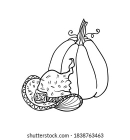Sombrero de bruja y calabaza, garabatos de Halloween. Ilustración vectorial aislada en estilo de dibujo de contorno o contorno para el diseño de páginas de libros de color.