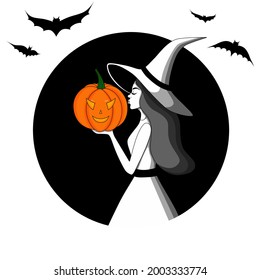 Hexe in einem Hut mit Kürbis. Postkarte zu Halloween. Vektor EPS10