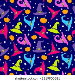 Witch hat, pumpkins and stars seamless vector  pattern. Cute wizard caps, Halloween holiday symbols pattern.Happy Halloween background for wrapping paper, textile, print, card, invitation, fabric