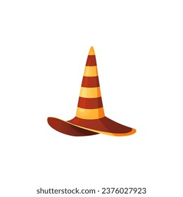 Witch hat, red and orange striped, vector flat cartoon illustration isolated on white background. Halloween party costume element. Wizard striped decorative accessory, magician cap, fantasy object