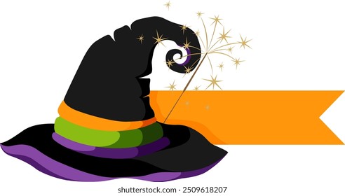 Witch hat with ribbon and sparklers. Halloween decoration element.