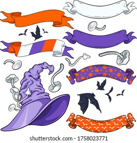 Witch hat with ribbons, mushrooms and bats vector illustration set. For your Halloween, costume party and other fairytale designs, prints, posters, covers, package, stickers, cards, invitations.