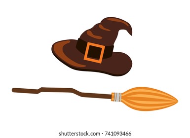Witch hat and scythe icon isolated on white background. Vector illustration with brown tall hat with decorative golden badge and long wooden broom