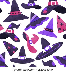 Witch hat seamless pattern with halloween cartoon in hand drawn watercolor style. Cute icon  background for october holiday or fantasy concept