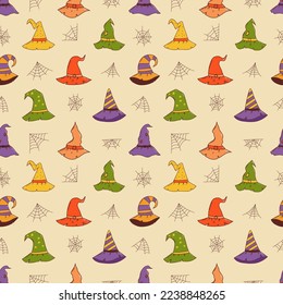 Witch hat seamless pattern. Halloween element. Trick or treat concept. Vector illustration in hand drawn style