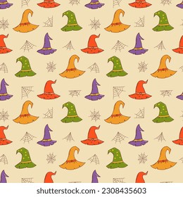 Witch hat seamless pattern. Halloween element. Trick or treat concept. Vector illustration in hand drawn style