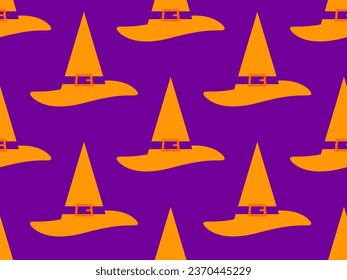 Witch hat seamless pattern. Halloween background with orange cone witches hat on purple background. Happy Halloween October 31st. Festive design for wallpaper, poster and banner. Vector illustration