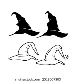 Witch hat set. Black silhouettes on white background. Vector illustration.