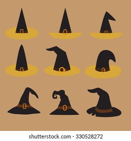 Witch hat set. Cap flat icons. Halloween hat. Vector illustration. EPS 8