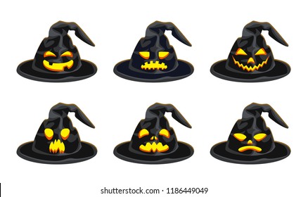 Witch hat. Set of Halloween witch hats with evil smiles. Vector illustration of creepy scary holiday characters isolated on white background.