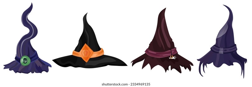 Witch hat set, illustration. Vector. Halloween, event, holiday. Witch, coven. Accessory for witches, headdress. Witch hat, miscellaneous set. Flat style, color illustration