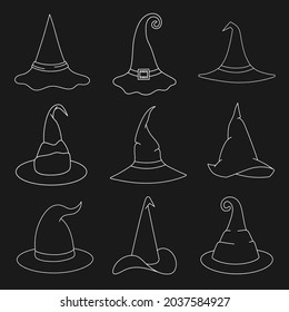 Witch hat set vector illustration in doodle style. Hand drawn wizard cap for holiday Halloween. Isolated white element on a black background