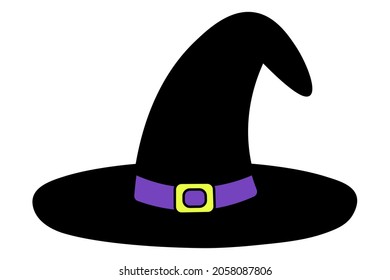 Witch hat. Silhouette. Vector illustration. Isolated white background. The fabulous headpiece is adorned with a purple ribbon and a yellow buckle. Halloween symbol. Decoration for All Saints Day. 