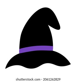 Witch hat. Silhouette. Vector illustration. Isolated white background. The fabulous headdress is decorated with a purple ribbon. Halloween symbol. Decoration for All Saints Day. Idea for web design.