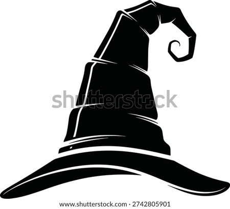 Witch hat silhouette vector illustration, crooked conical shape with curled tip and wide brim, fantasy, magic and Halloween concept design