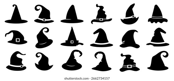 Siluetas de sombrero de bruja. Colección de iconos de sombrero de bruja negro en varias Formas y estilos. Perfecto para Halloween, magia o proyectos de diseño de fantasía