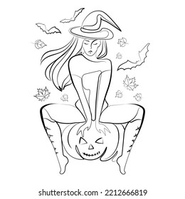 Bruja con sombrero de bruja sentada en linterna de calabaza de Halloween vector Ilustración de arte de la línea de fondo blanco. Mujer bruja con murciélagos y hojas de otoño bosquejo negro y blanco. Concepto de diseño de Halloween