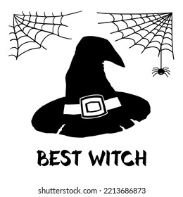 Witch hat sketch with text Best Witch. Black hat silhouette, spider web. Design elements for Halloween. Isolated vector illustration. Template for card, poster, invitation