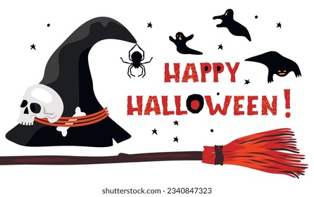 Sombrero de bruja con cráneo y hueso.Banner horizontal con deseo escrito a mano.Afiche de Halloween feliz con fantasmas y escoba.Conjunto de elementos en color aislados en fondo blanco.Ilustración plana vectorial.