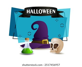 Witch hat, skull and flask with poison. Halloween banner design. Vector illustration can be used for invitations, posters, postcards